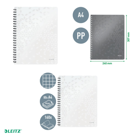 Caiet de birou Leitz WOW, PP, A4, cu spira, matematica, pentru documente perforate, 80 file, hartie 80 g/mp, alb [3]