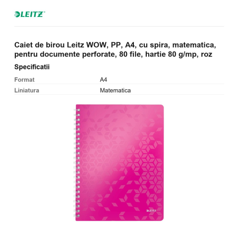 Caiet de birou Leitz WOW, PP, A4, cu spira, matematica, pentru documente perforate, 80 file, hartie 80 g/mp, roz [2]
