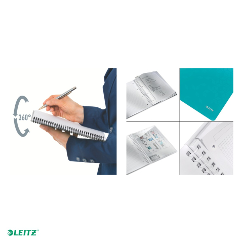 Caiet de birou Leitz WOW, PP, A4, cu spira, matematica, pentru documente perforate, 80 file, hartie 80 g/mp, turcoaz [4]