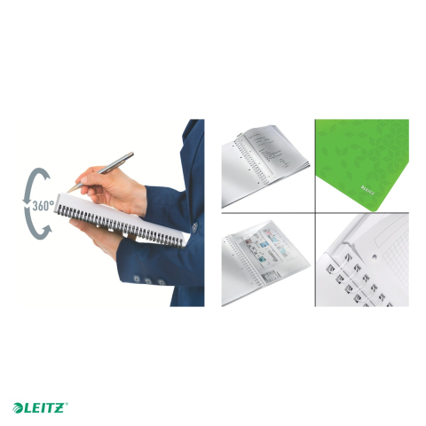 Caiet de birou Leitz WOW, PP, A4, cu spira, matematica, pentru documente perforate, 80 file, hartie 80 g/mp, verde [4]