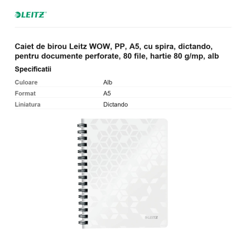 Caiet de birou Leitz WOW, PP, A5, cu spira, dictando, pentru documente perforate, 80 file, hartie 80 g/mp, alb [2]
