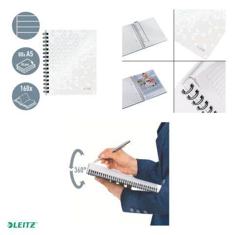 Caiet de birou Leitz WOW, PP, A5, cu spira, dictando, pentru documente perforate, 80 file, hartie 80 g/mp, alb [4]