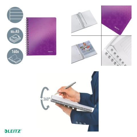 Caiet de birou Leitz WOW, PP, A5, cu spira, dictando, pentru documente perforate, 80 file, hartie 80 g/mp, mov [4]