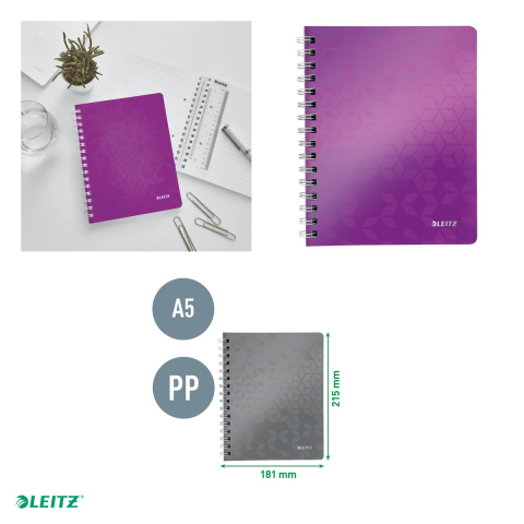 Caiet de birou Leitz WOW, PP, A5, cu spira, dictando, pentru documente perforate, 80 file, hartie 80 g/mp, mov [3]