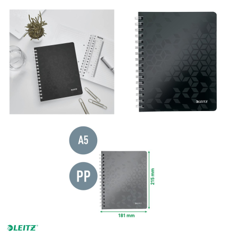 Caiet de birou Leitz WOW, PP, A5, cu spira, dictando, pentru documente perforate, 80 file, hartie 80 g/mp, negru [3]