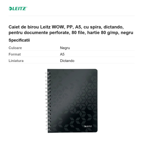 Caiet de birou Leitz WOW, PP, A5, cu spira, dictando, pentru documente perforate, 80 file, hartie 80 g/mp, negru [2]