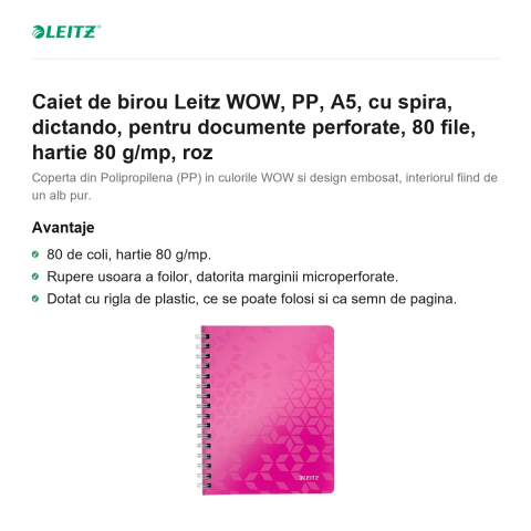 Caiet de birou Leitz WOW, PP, A5, cu spira, dictando, pentru documente perforate, 80 file, hartie 80 g/mp, roz [1]