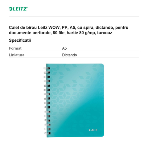 Caiet de birou Leitz WOW, PP, A5, cu spira, dictando, pentru documente perforate, 80 file, hartie 80 g/mp, turcoaz [2]
