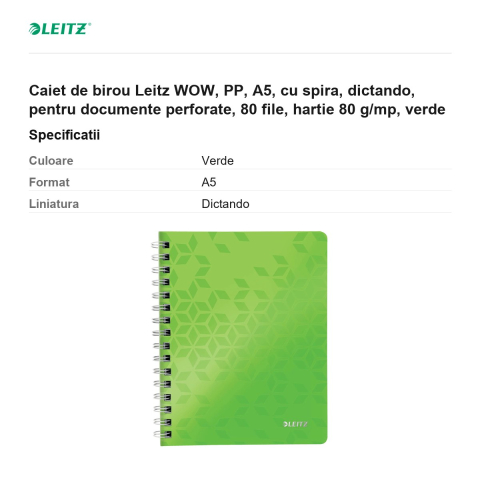Caiet de birou Leitz WOW, PP, A5, cu spira, dictando, pentru documente perforate, 80 file, hartie 80 g/mp, verde [2]