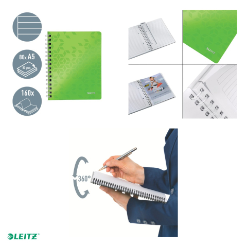 Caiet de birou Leitz WOW, PP, A5, cu spira, dictando, pentru documente perforate, 80 file, hartie 80 g/mp, verde [4]