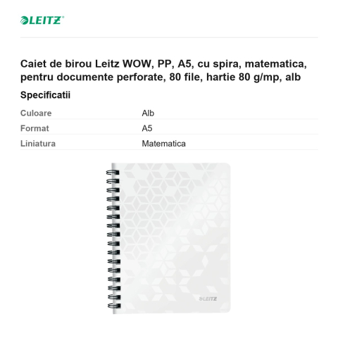 Caiet de birou Leitz WOW, PP, A5, cu spira, matematica, pentru documente perforate, 80 file, hartie 80 g/mp, alb [2]