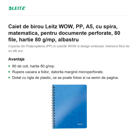 Caiet de birou Leitz WOW, PP, A5, cu spira, matematica, pentru documente perforate, 80 file, hartie 80 g/mp, albastru [1]
