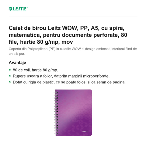 Caiet de birou Leitz WOW, PP, A5, cu spira, matematica, pentru documente perforate, 80 file, hartie 80 g/mp, mov [1]