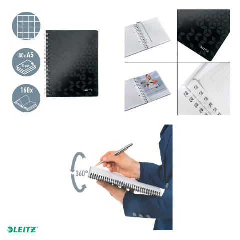 Caiet de birou Leitz WOW, PP, A5, cu spira, matematica, pentru documente perforate, 80 file, hartie 80 g/mp, negru [4]