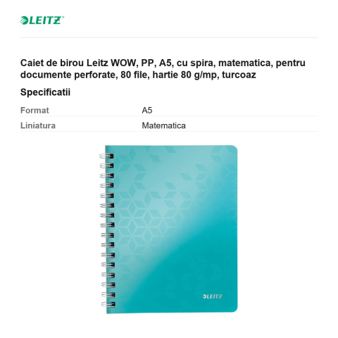 Caiet de birou Leitz WOW, PP, A5, cu spira, matematica, pentru documente perforate, 80 file, hartie 80 g/mp, turcoaz [2]