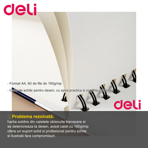 Caiet de schite Deli, format A4, 60 file 160g/mp, spira metalica, coperta cartonata, pentru desen si grafica [1]