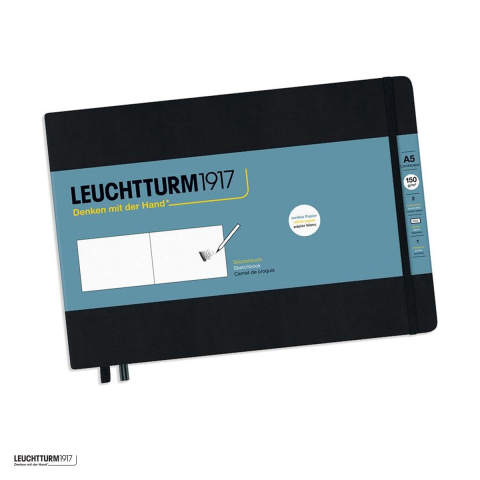 Birotica papetarie - Caiet de schite Leuchtturm1917 Sketchbook, A5 landscape, velin, 112 pagini, hartie 150 g/mp, 210 x 145 mm, hartie alba fara acid, elastic, buzunar, negru