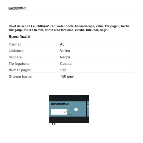 Caiet de schite Leuchtturm1917 Sketchbook, A5 landscape, velin, 112 pagini, hartie 150 g/mp, 210 x 145 mm, hartie alba fara acid, elastic, buzunar, negru [2]