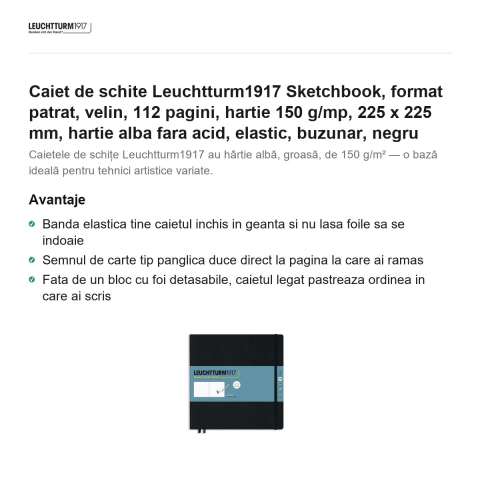 Caiet de schite Leuchtturm1917 Sketchbook, format patrat, velin, 112 pagini, hartie 150 g/mp, 225 x 225 mm, hartie alba fara acid, elastic, buzunar, negru [1]