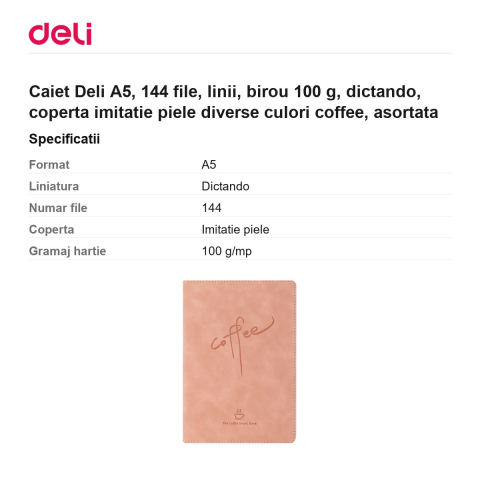 Caiet Deli A5, 144 file, linii, birou 100 g, dictando, coperta imitatie piele diverse culori coffee, asortata [2]