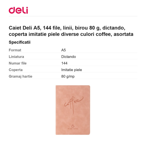 Caiet Deli A5, 144 file, linii, birou 80 g, dictando, coperta imitatie piele diverse culori coffee, asortata [2]