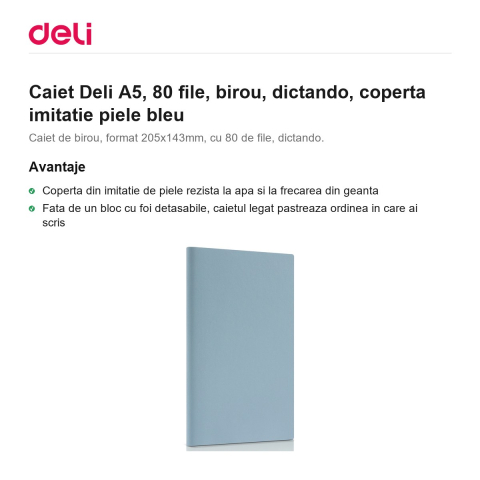 Caiet Deli A5, 80 file, birou, dictando, coperta imitatie piele bleu [1]