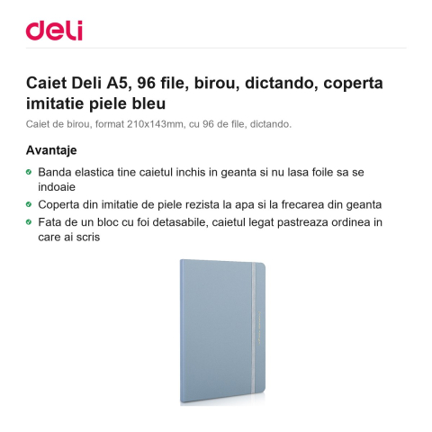 Caiet Deli A5, 96 file, birou, dictando, coperta imitatie piele bleu [1]