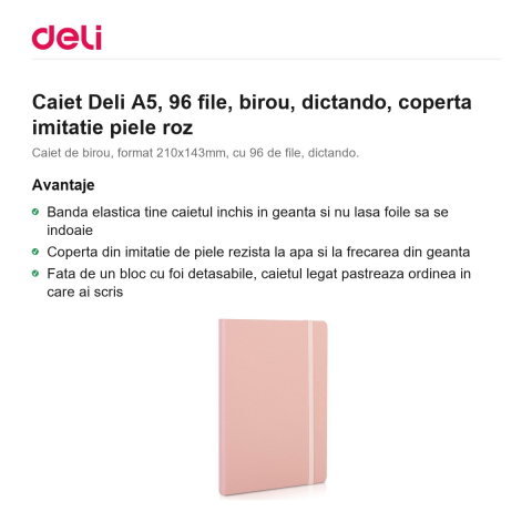 Caiet Deli A5, 96 file, birou, dictando, coperta imitatie piele roz [1]