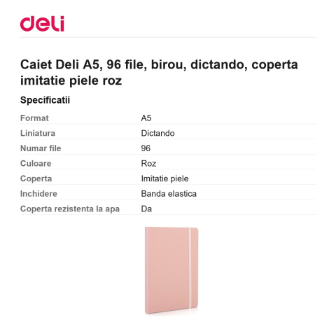 Caiet Deli A5, 96 file, birou, dictando, coperta imitatie piele roz [2]