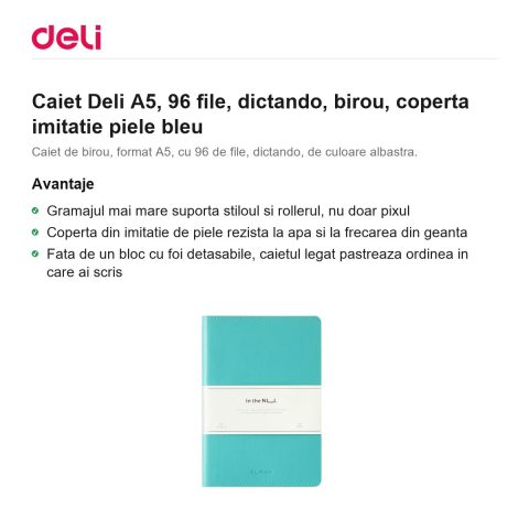 Caiet Deli A5, 96 file, dictando, birou, coperta imitatie piele bleu [1]
