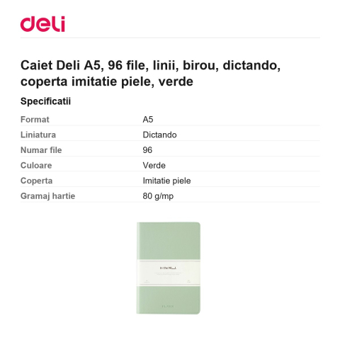 Caiet Deli A5, 96 file, linii, birou, dictando, coperta imitatie piele, verde [2]