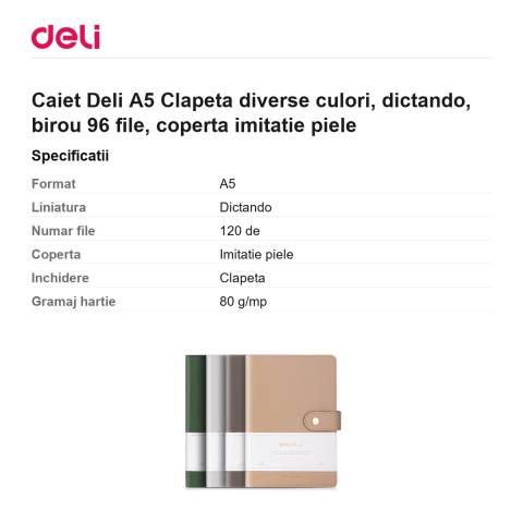 Caiet Deli A5 Clapeta diverse culori, dictando, birou 96 file, coperta imitatie piele [2]