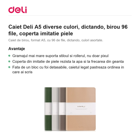Caiet Deli A5 diverse culori, dictando, birou 96 file, coperta imitatie piele [1]