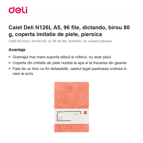 Caiet Deli N126L A5, 96 file, dictando, birou 80 g, coperta imitatie de piele, piersica [1]