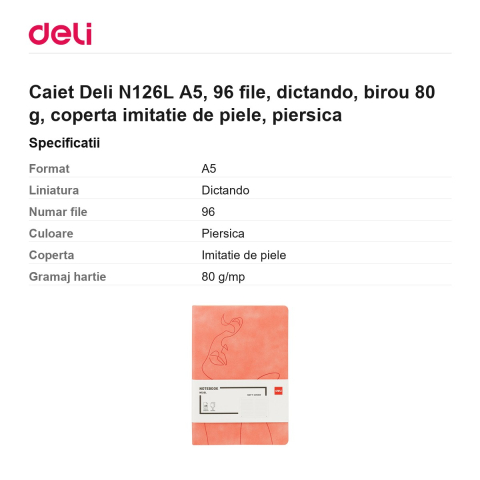 Caiet Deli N126L A5, 96 file, dictando, birou 80 g, coperta imitatie de piele, piersica [2]
