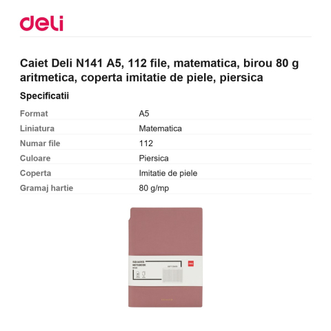Caiet Deli N141 A5, 112 file, matematica, birou 80 g aritmetica, coperta imitatie de piele, piersica [2]
