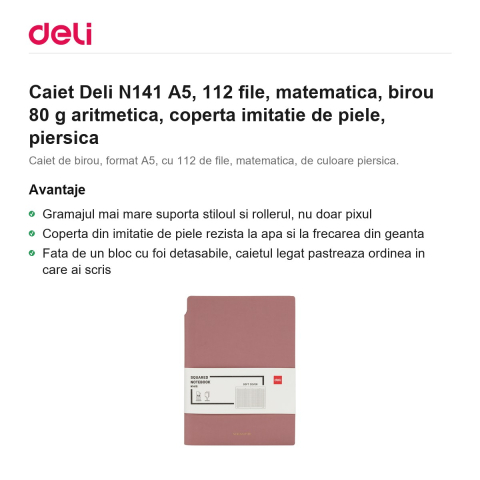 Caiet Deli N141 A5, 112 file, matematica, birou 80 g aritmetica, coperta imitatie de piele, piersica [1]
