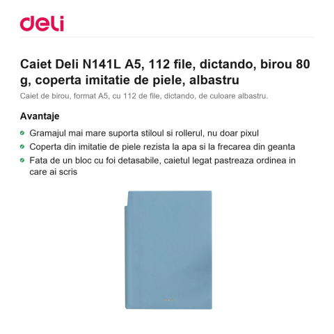 Caiet Deli N141L A5, 112 file, dictando, birou 80 g, coperta imitatie de piele, albastru [1]