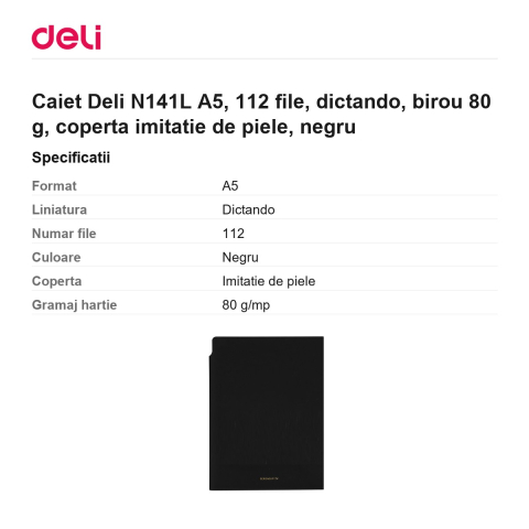 Caiet Deli N141L A5, 112 file, dictando, birou 80 g, coperta imitatie de piele, negru [2]