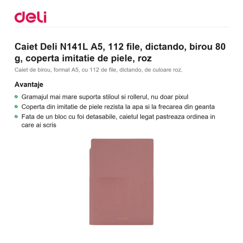 Caiet Deli N141L A5, 112 file, dictando, birou 80 g, coperta imitatie de piele, roz [1]