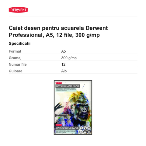 Caiet desen pentru acuarela Derwent Professional, A5, 12 file, 300 g/mp [2]