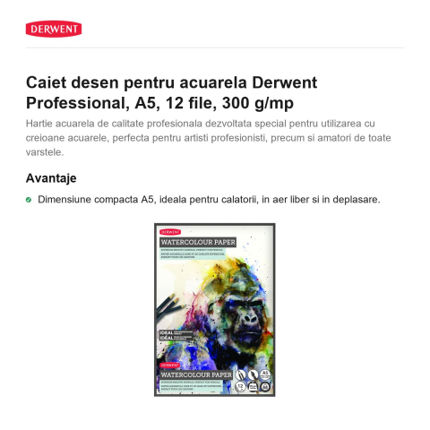 Caiet desen pentru acuarela Derwent Professional, A5, 12 file, 300 g/mp [1]