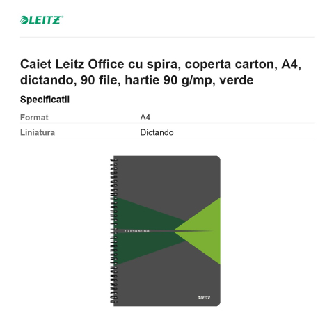 Caiet Leitz Office cu spira, coperta carton, A4, dictando, 90 file, hartie 90 g/mp, verde [2]