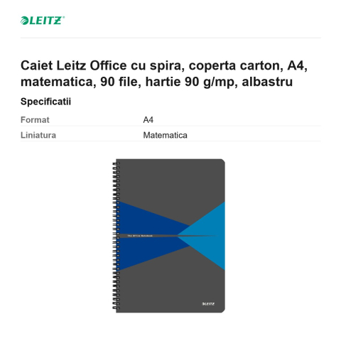 Caiet Leitz Office cu spira, coperta carton, A4, matematica, 90 file, hartie 90 g/mp, albastru [2]