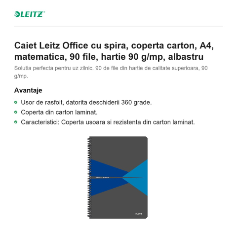 Caiet Leitz Office cu spira, coperta carton, A4, matematica, 90 file, hartie 90 g/mp, albastru [1]