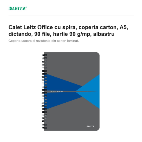 Caiet Leitz Office cu spira, coperta carton, A5, dictando, 90 file, hartie 90 g/mp, albastru [1]