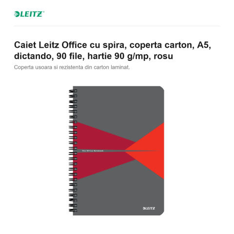 Caiet Leitz Office cu spira, coperta carton, A5, dictando, 90 file, hartie 90 g/mp, rosu [1]