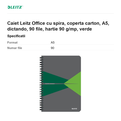 Caiet Leitz Office cu spira, coperta carton, A5, dictando, 90 file, hartie 90 g/mp, verde [2]