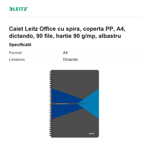 Caiet Leitz Office cu spira, coperta PP, A4, dictando, 90 file, hartie 90 g/mp, albastru [2]
