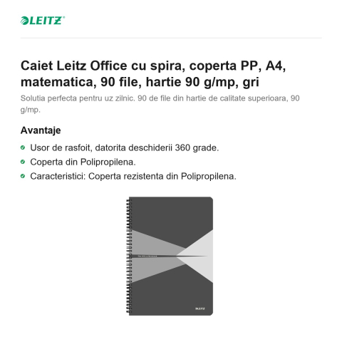 Caiet Leitz Office cu spira, coperta PP, A4, matematica, 90 file, hartie 90 g/mp, gri [1]